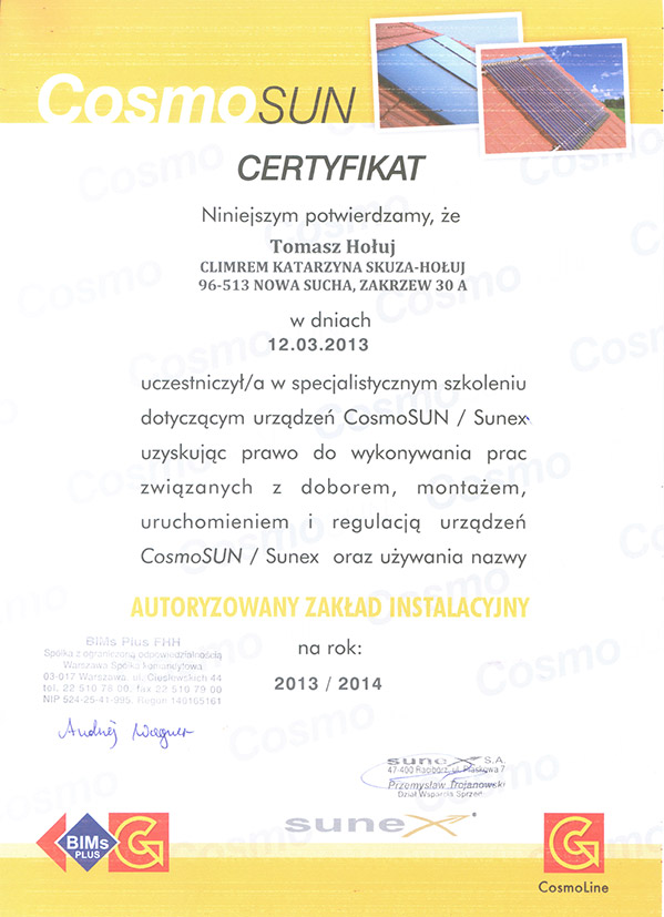 Certyfikat Cosmo Sun