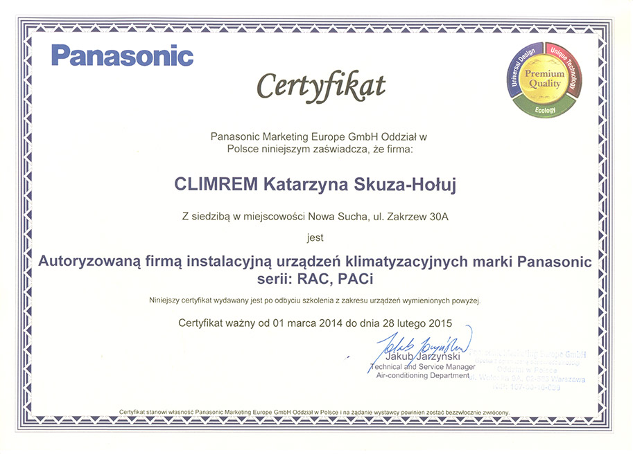 Certyfikat Panasonic