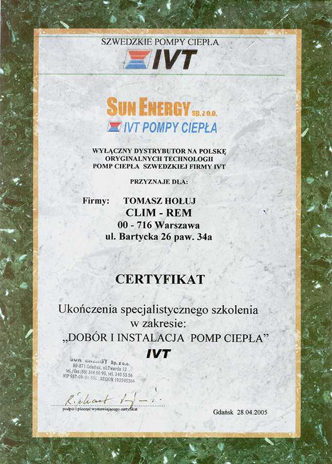 Certyfikat Sun Energy